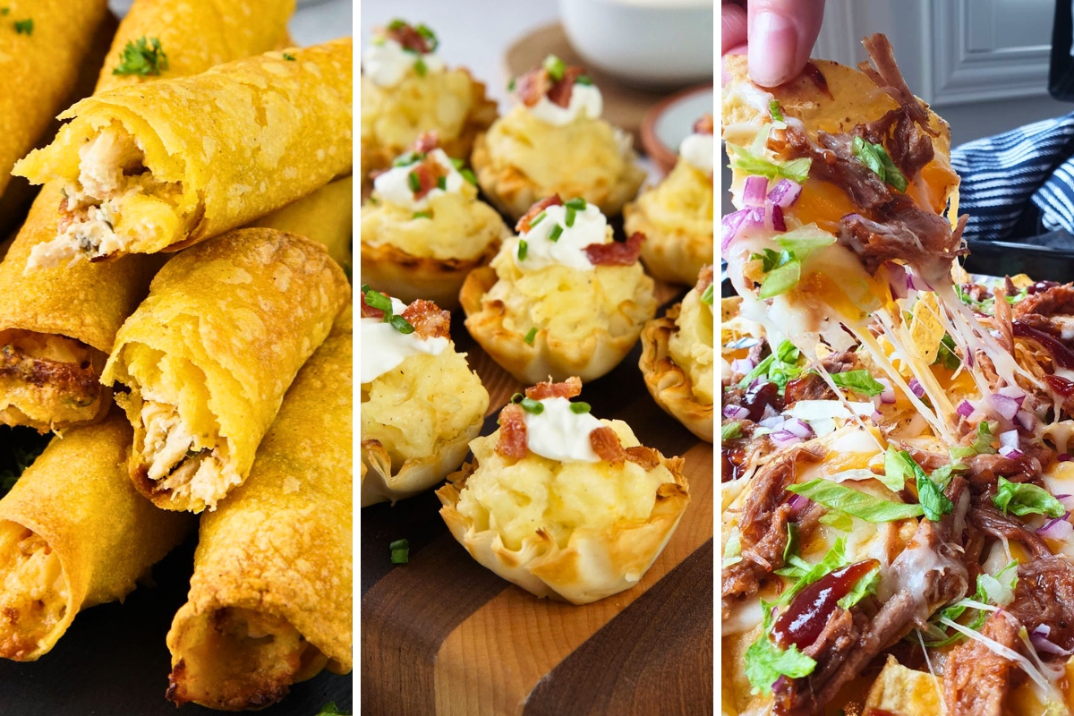 chicken bacon ranch taquitos, potato bites, and pulled pork nachos