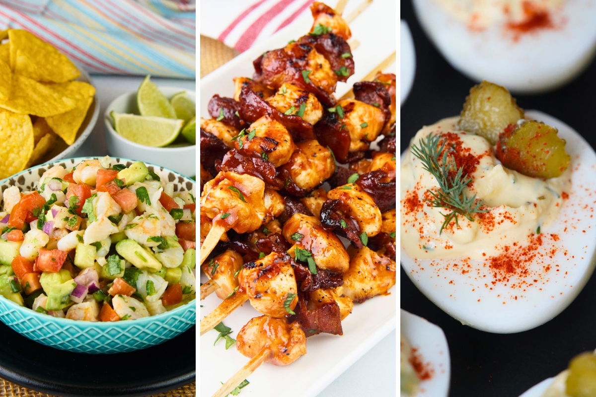 shrimp salsa, chipotle chicken skewers, and dill pickle deviled eggs