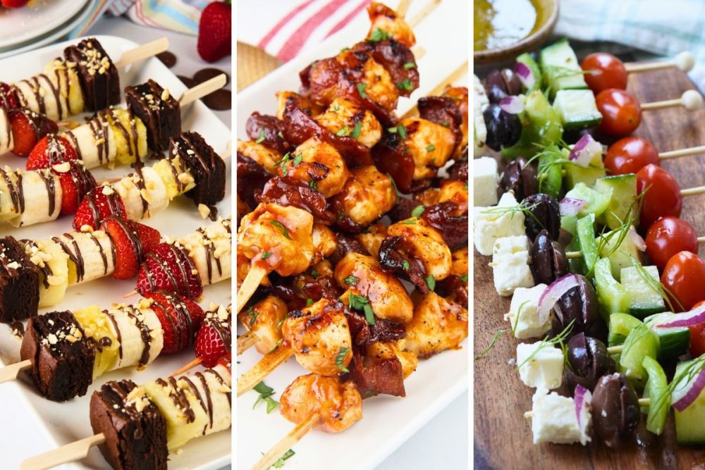 banana split skewers, chipotle chicken and bacon skewers, and Greek skewers
