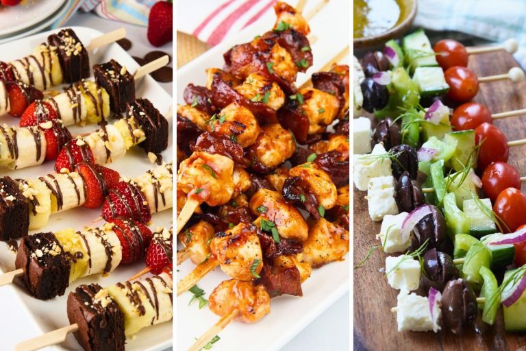 banana split skewers, chipotle chicken and bacon skewers, and Greek skewers