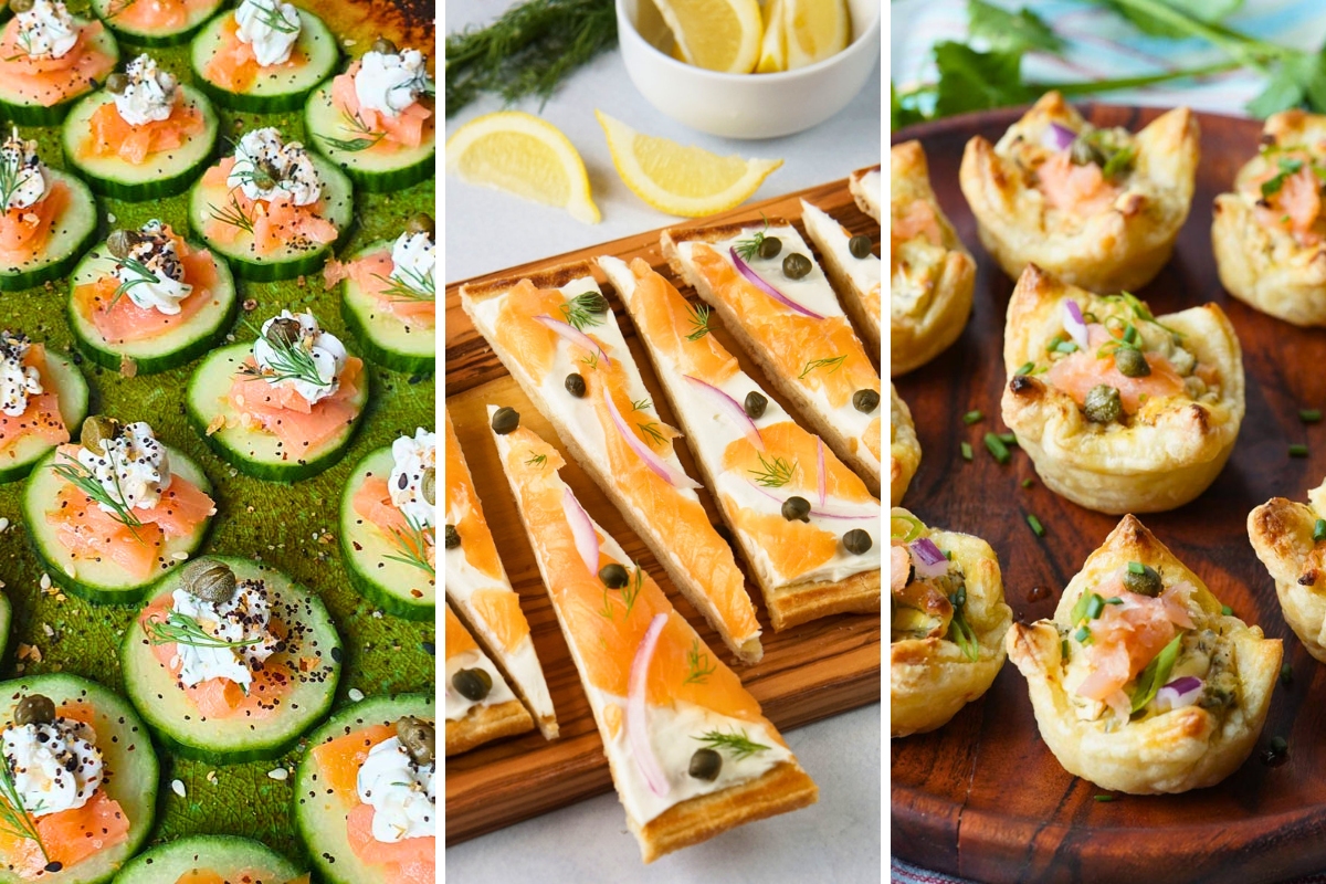 salmon cucumber bites, smoked salmon flatbread, and puff pastry smoked salmon bites