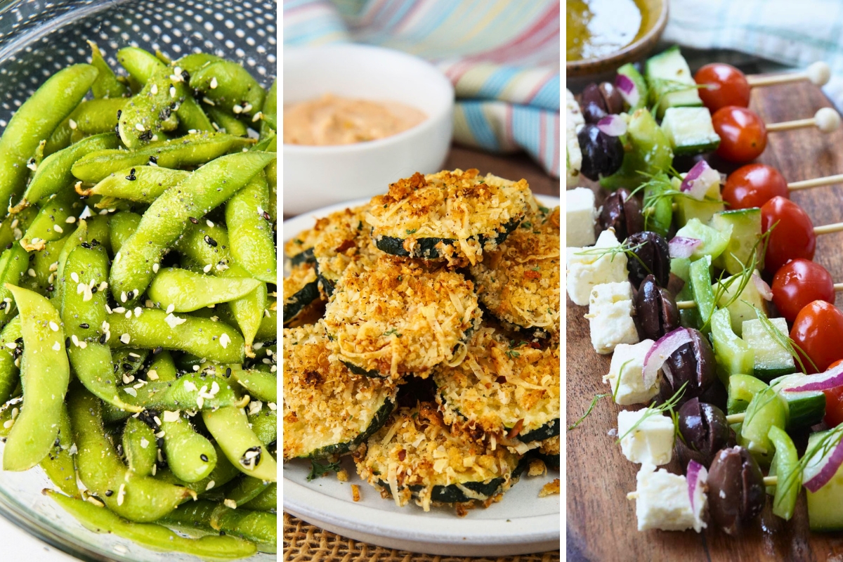 edamame, zucchini chips, and Greek salad skewers