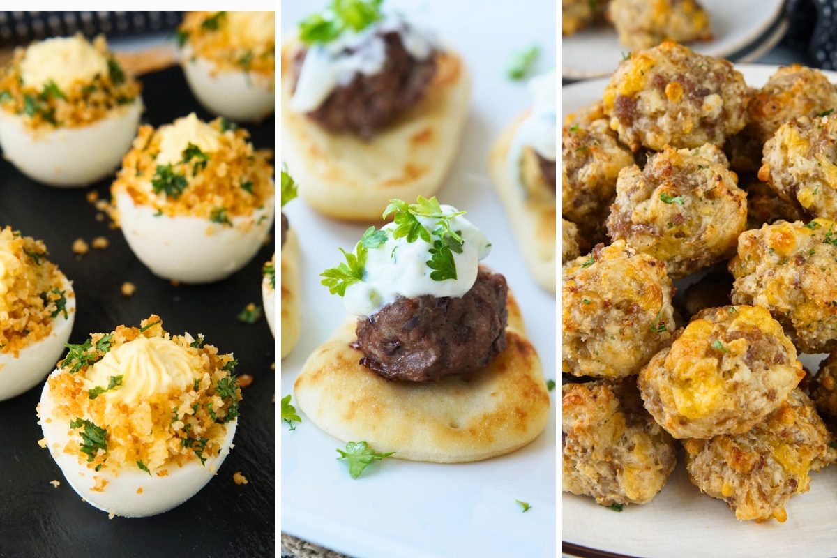 garlic bread deviled eggs, Greek lamb meatballs, and cheddar bay sausage balls