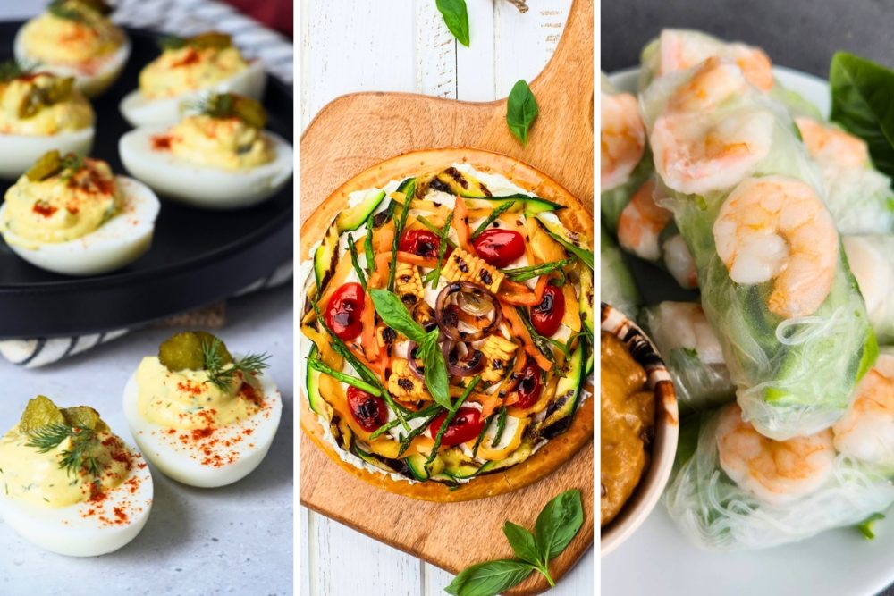 dill pickle deviled eggs, grilled veggie pizza, and summer rolls