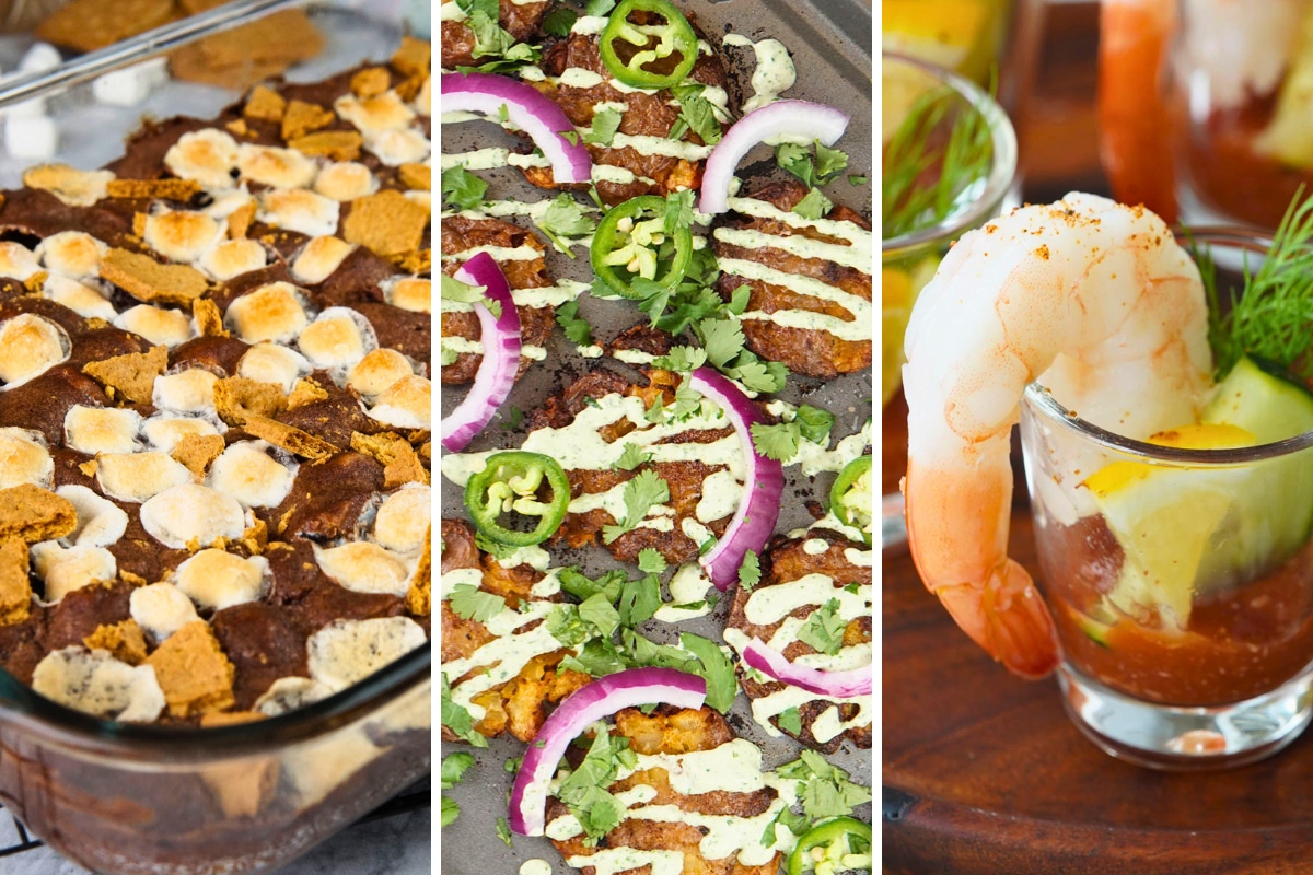s'more brownies, smashed sheet pan potatoes, and shrimp cocktail cups