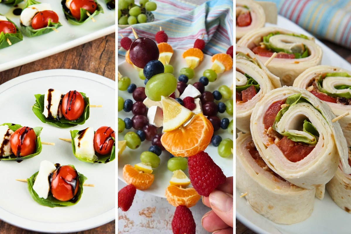 caprese bites, rainbow fruit skewers, and turkey club pinwheels