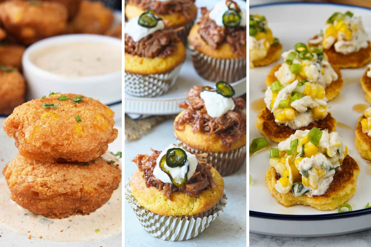 jiffy corn fritters, pulled pork corn muffins, and crab and corn fritters