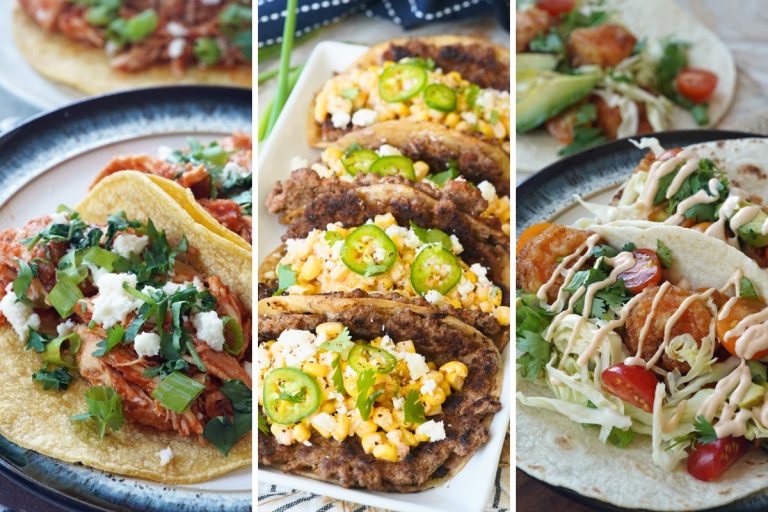 chicken tinga tacos, elote smash burger tacos, and shrimp tacos