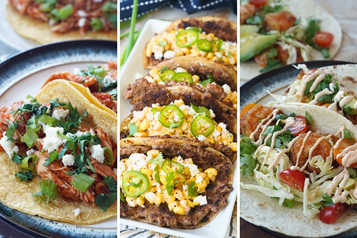 chicken tinga tacos, elote smash burger tacos, and shrimp tacos