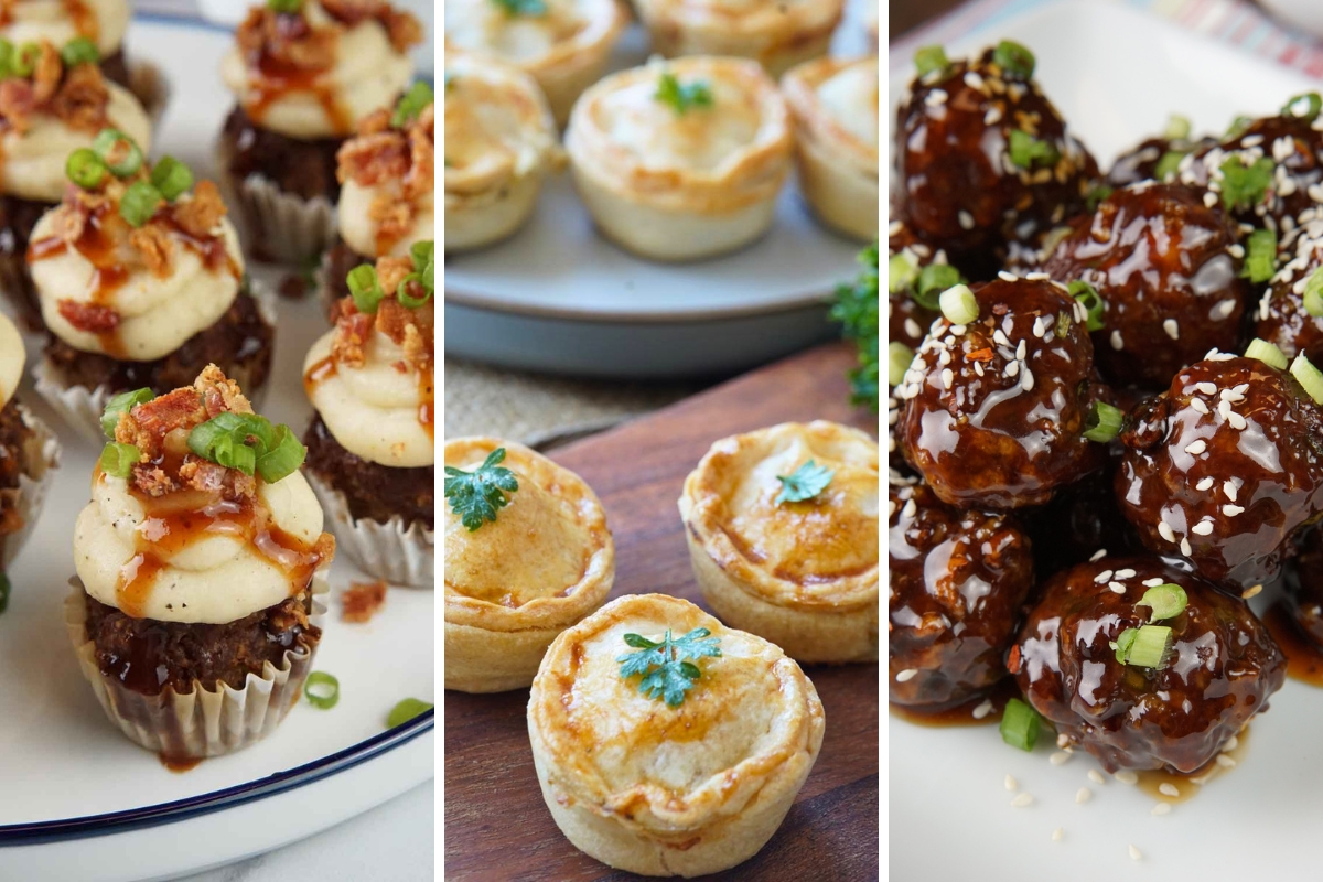 meatloaf and mashed potato cupcakes, mini chicken pot pies, and honey garlic meatballs