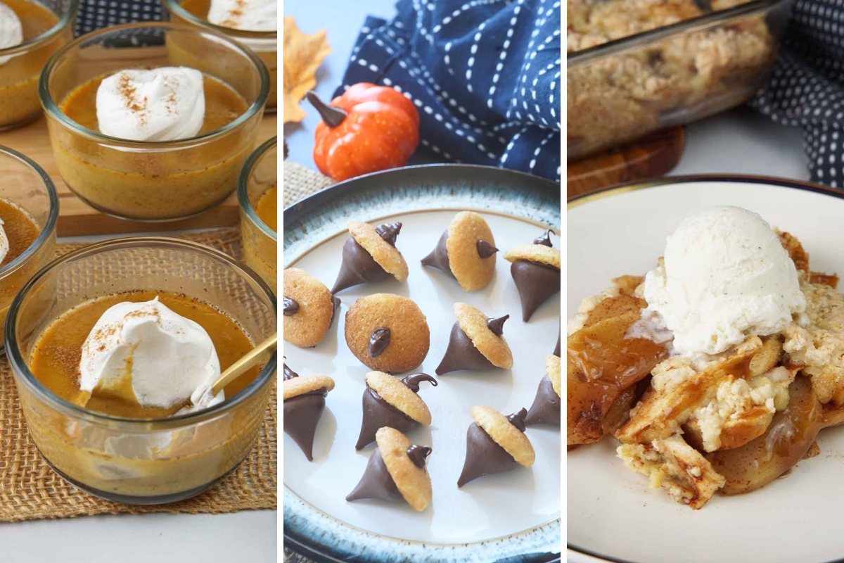 pumpkin pot de creme, chocolate acorns, and apple cobbler