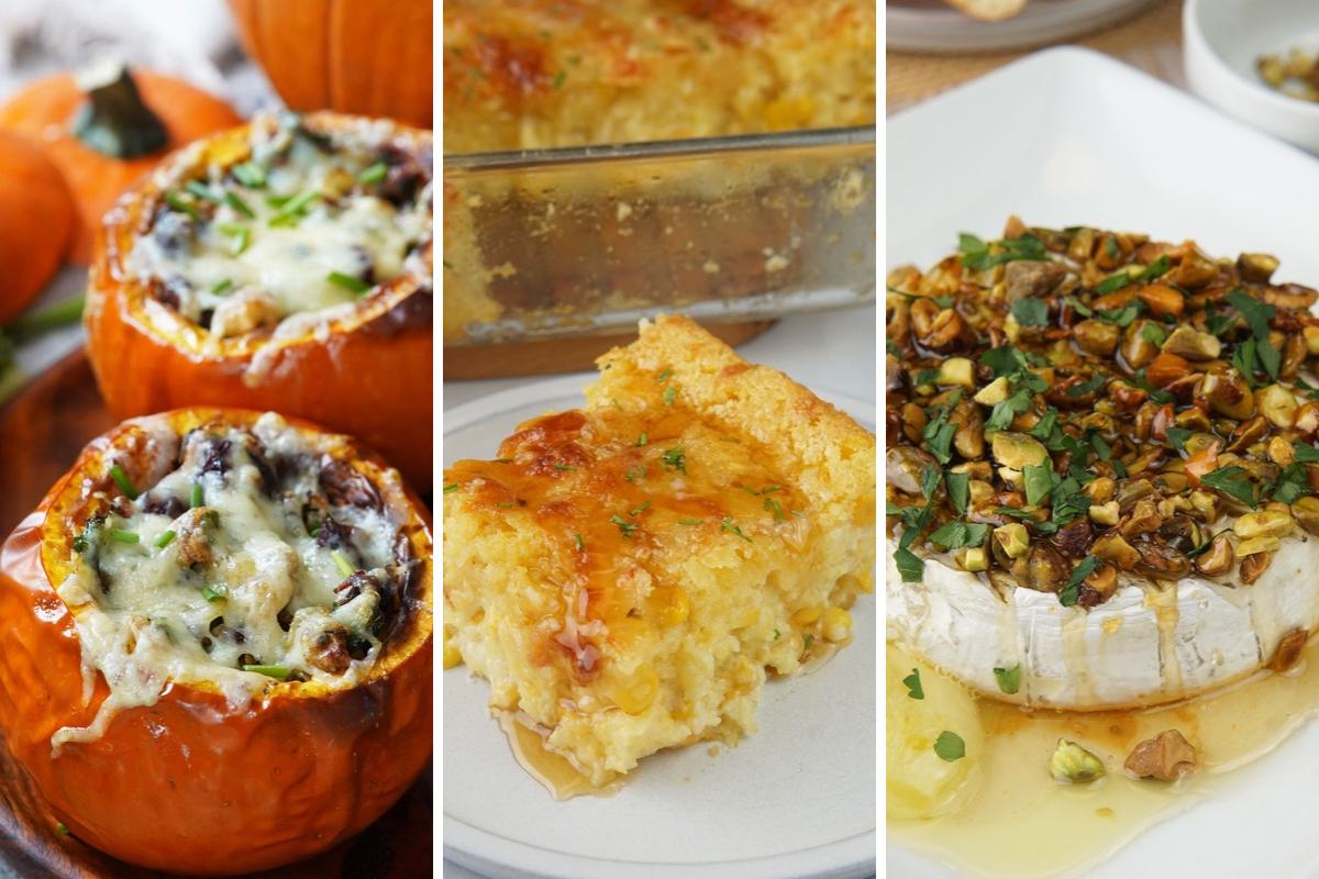 stuffed pumpkins, cornbread casserole, and brie with pistachios and honey